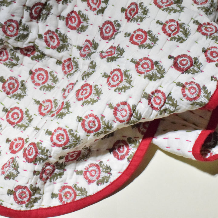 Hand Block Printed Scarlet Greens Quilt/Comforter