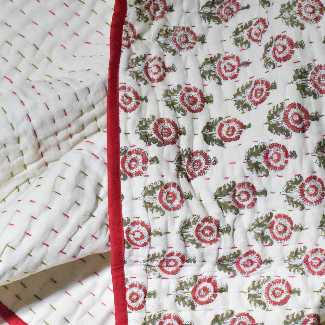 Hand Block Printed Scarlet Greens Quilt/Comforter