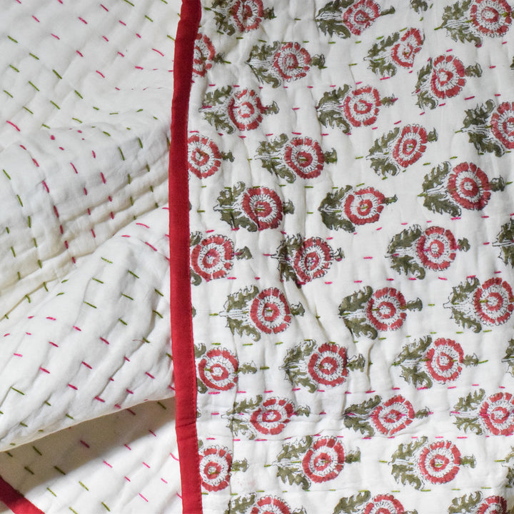 Hand Block Printed Scarlet Greens Quilt/Comforter