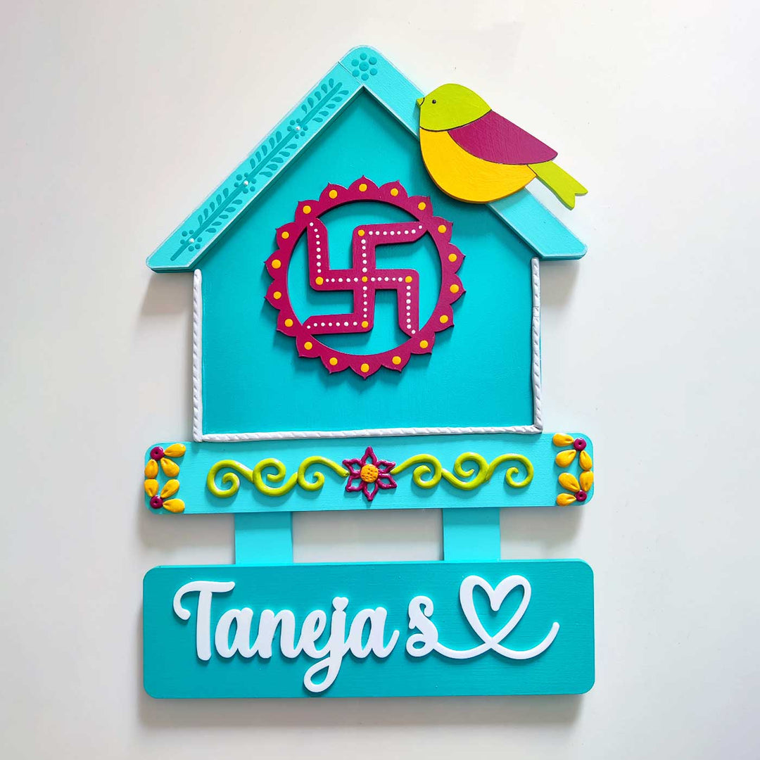 Handcrafted Personalized Swastik House Shaped Nameplate - Front View with Name Personalization