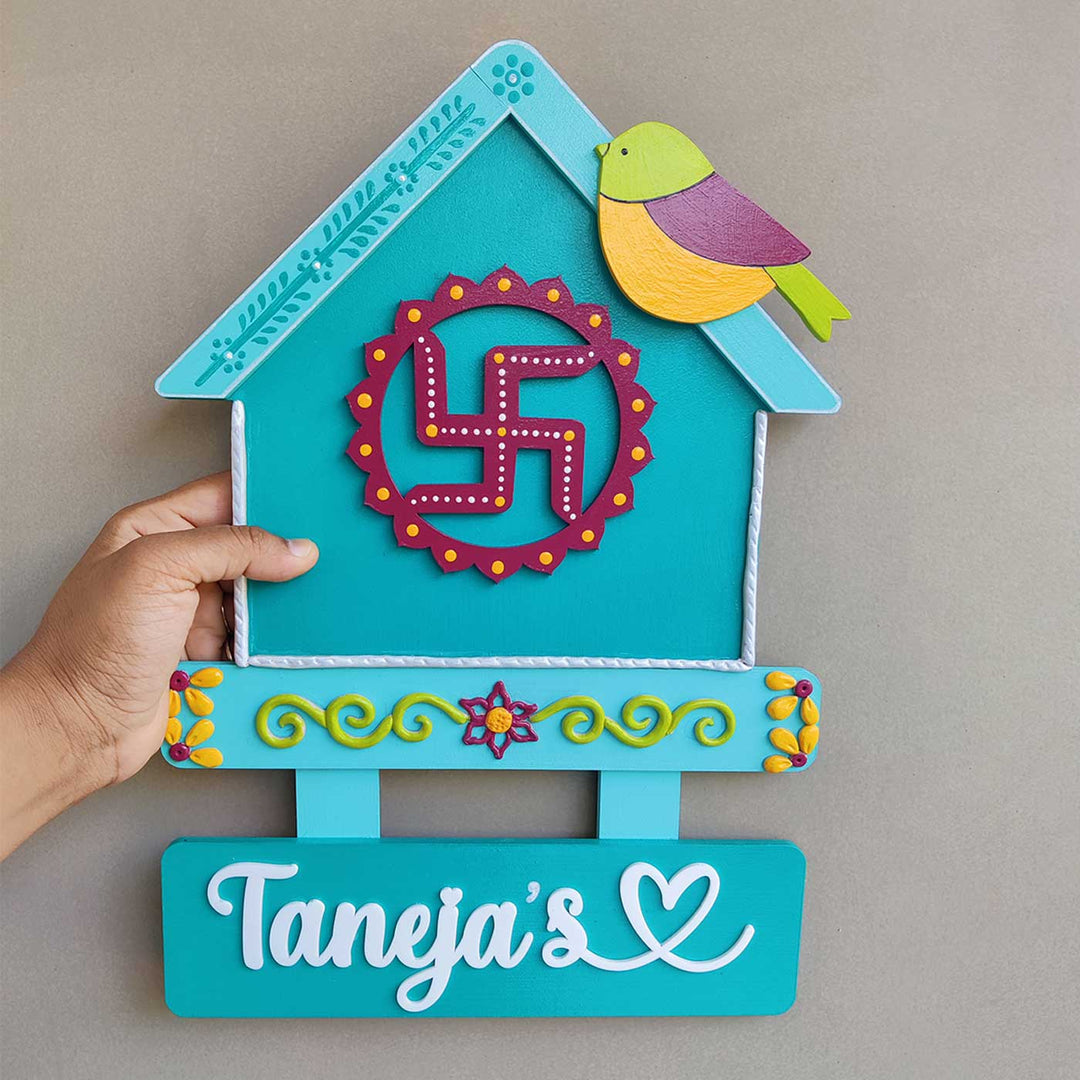 Handcrafted Personalized Swastik House-Shaped Nameplate