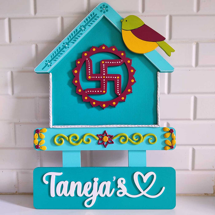 Handcrafted Personalized Swastik House Shaped Nameplate - Front View with Name Personalization (5)