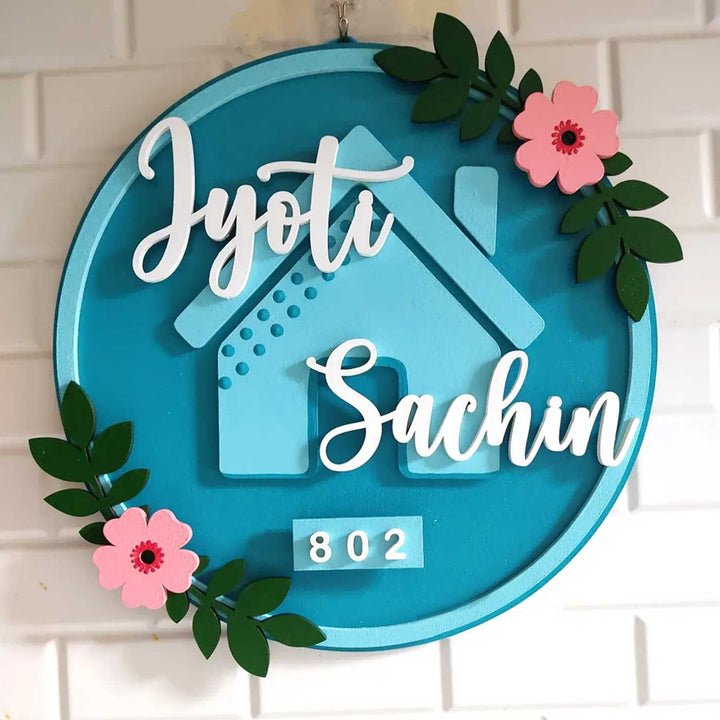 Handcrafted Personalized 3D Mdf Floral Hut Nameplate - Front View Hanging on Wall