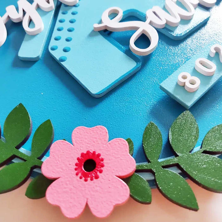 Handcrafted Personalized 3D Mdf Floral Hut Nameplate - Close-up Showing Layered Details