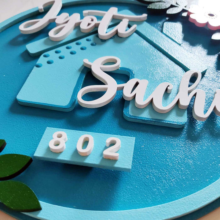 Handcrafted Personalized 3D Mdf Floral Hut Nameplate - Engraving and Number Detail Close-up