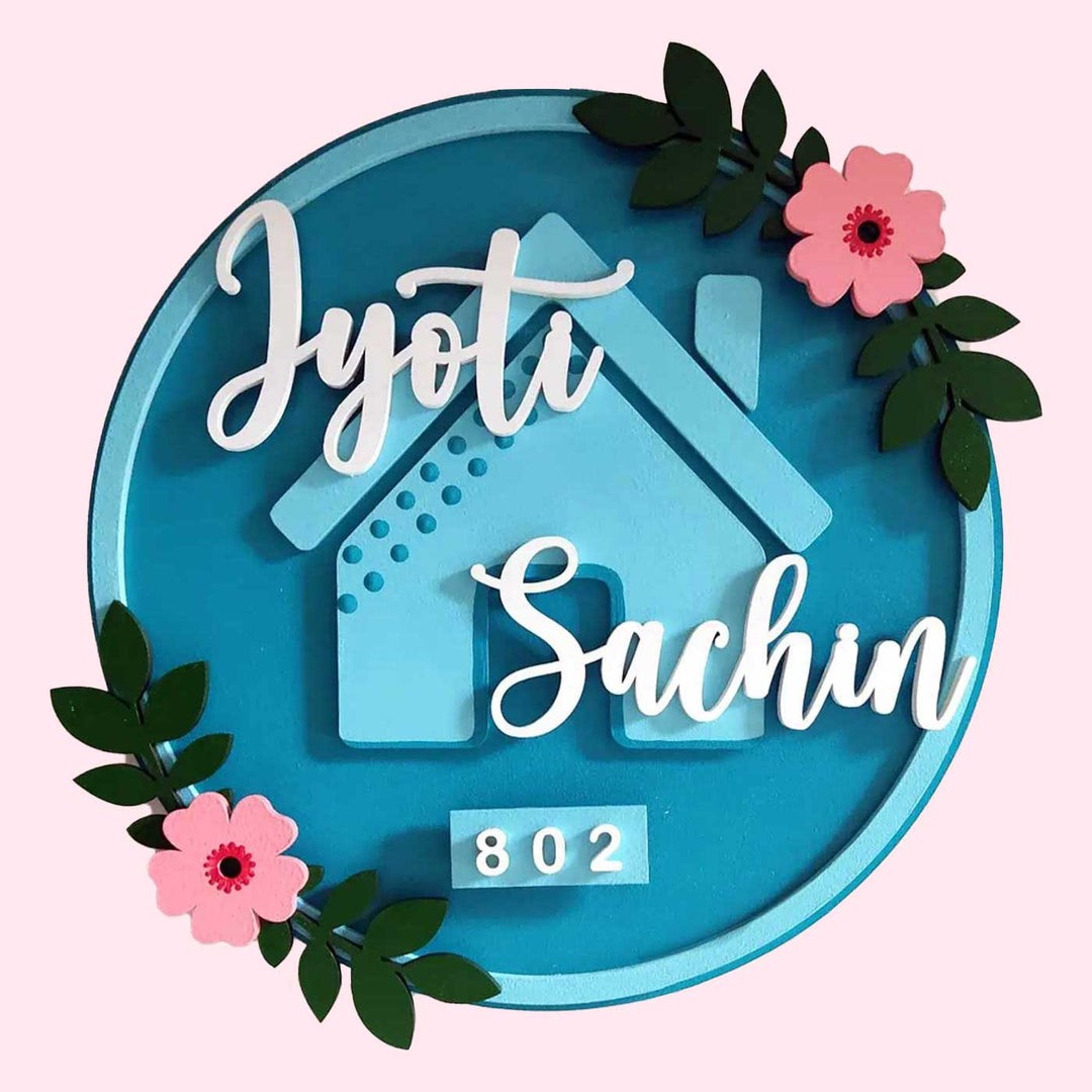 Handcrafted Personalized 3D Mdf Floral Hut Nameplate - Front View with Name Personalization