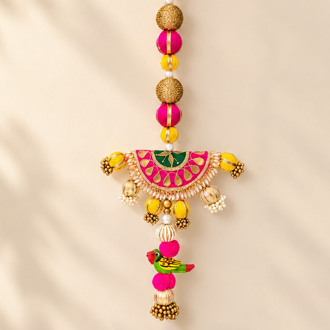 Handmade Peacock Gota Patti Hanging With Zari Balls For Festive Decor