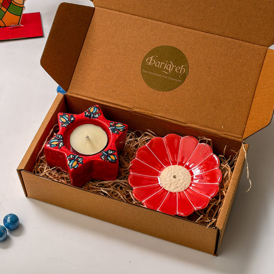 Handcrafted Ceramic Deep & Gul Diwali Gift Hamper With Agarbatti Stand And Star Tealight Holder