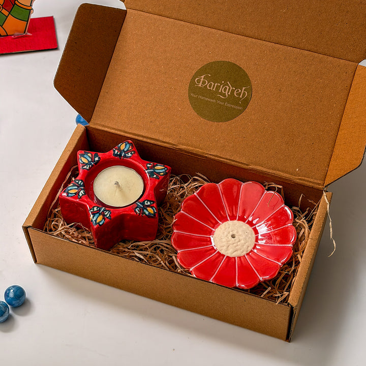 Handcrafted Ceramic Deep & Gul Diwali Gift Hamper With Agarbatti Stand And Star Tealight Holder