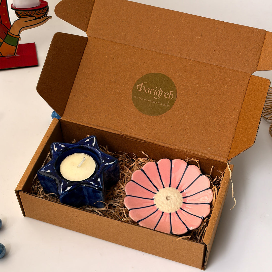 Handcrafted Ceramic Deep & Gul Diwali Gift Hamper With Agarbatti Stand And Star Tealight Holder