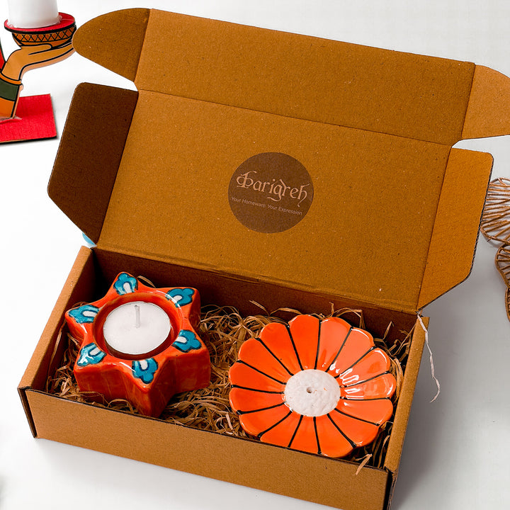 Handcrafted Ceramic Deep & Gul Diwali Gift Hamper With Agarbatti Stand And Star Tealight Holder