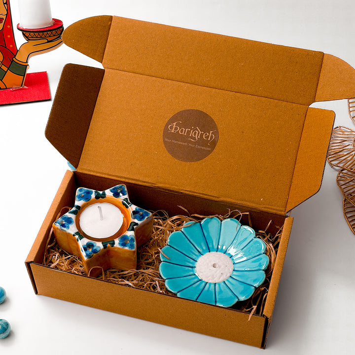 Handcrafted Ceramic Deep & Gul Diwali Gift Hamper With Agarbatti Stand And Star Tealight Holder