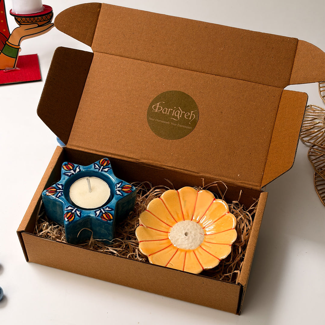 Handcrafted Ceramic Deep & Gul Diwali Gift Hamper With Agarbatti Stand And Star Tealight Holder