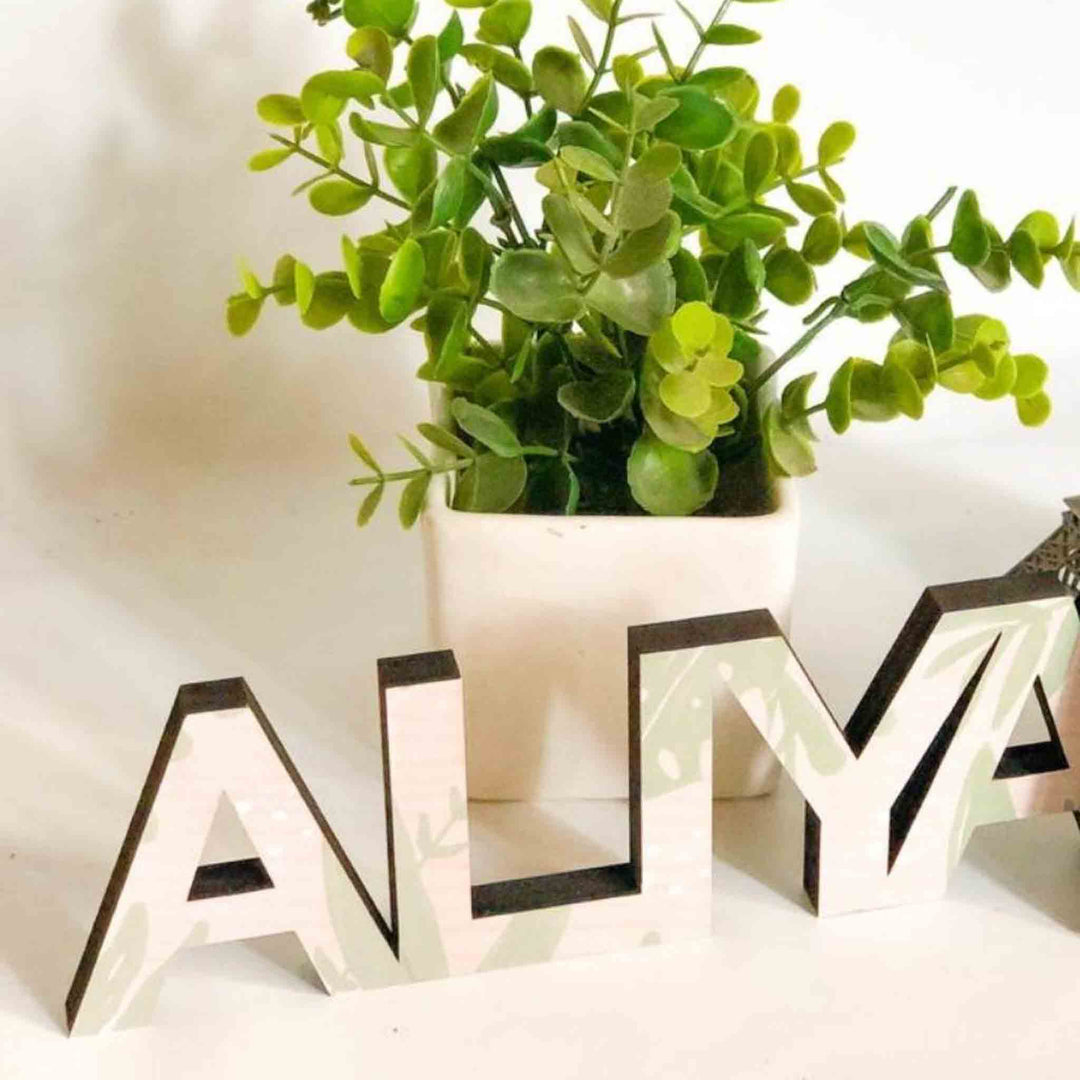Printed Wooden Cutout Desk Name Plate - Front View with Decorative Background