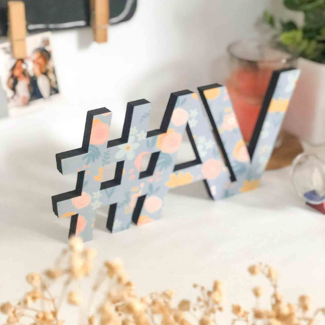 Printed Wooden Cutout Desk Name Plate - Angled Side View on Surface