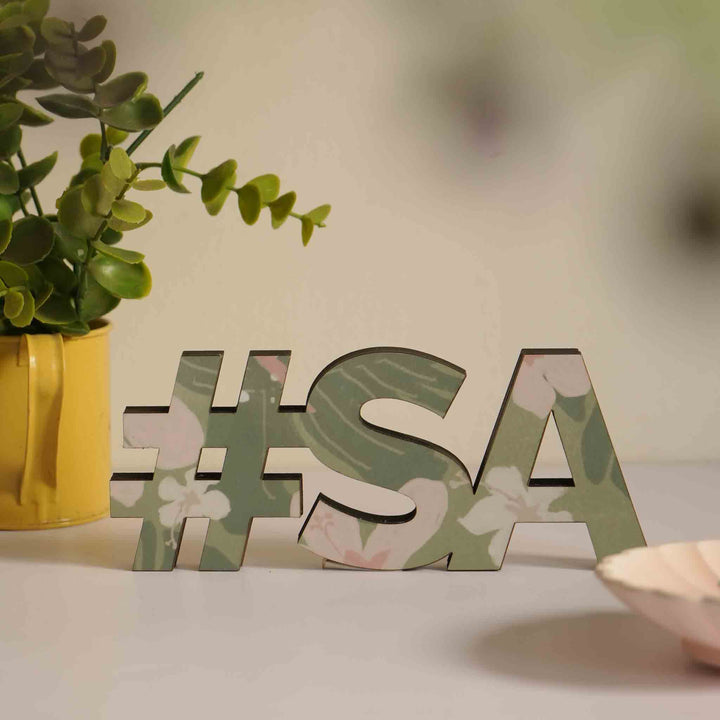 Printed Wooden Cutout Desk Name Plate - Front View on Tabletop Surface