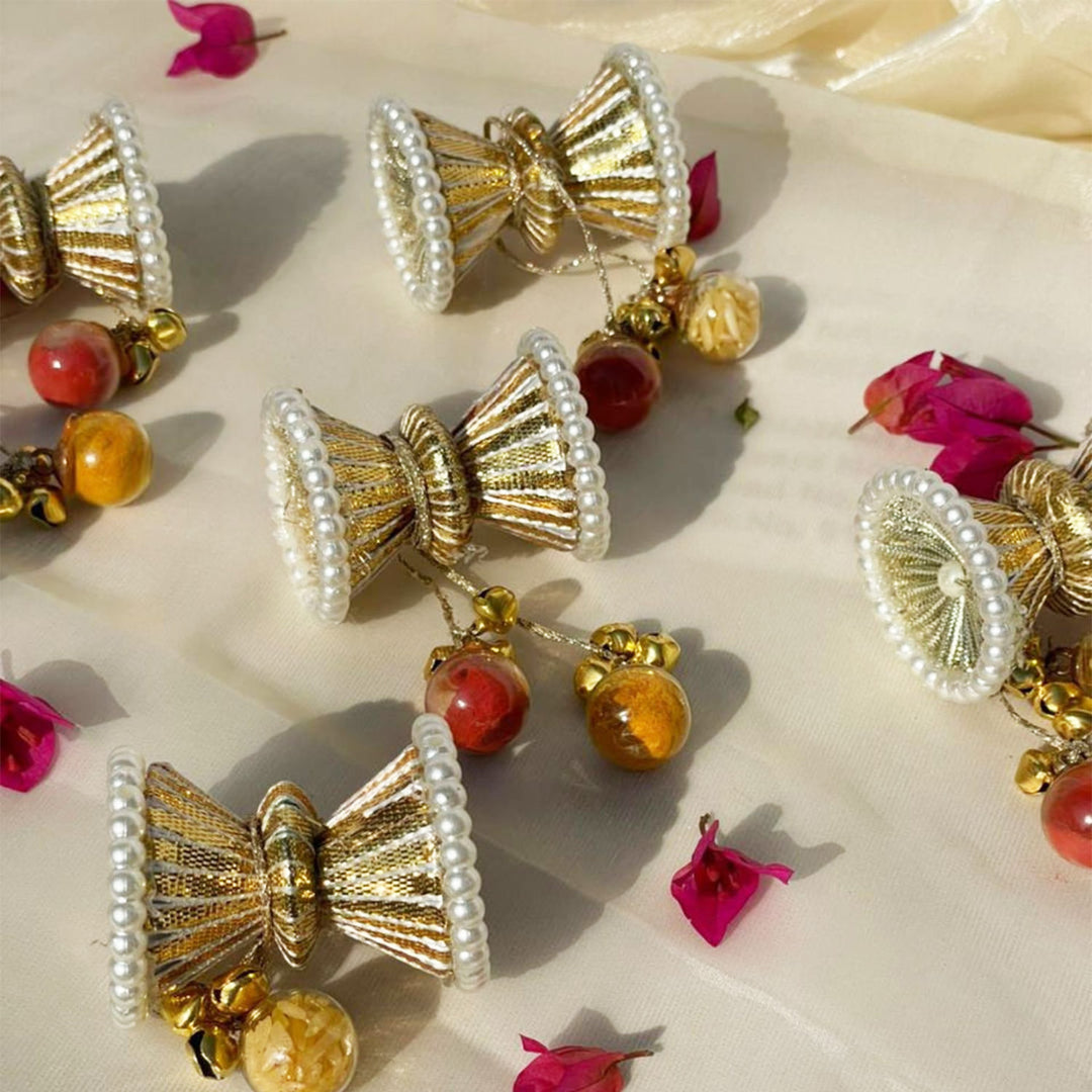 Dholak Gota And Glass Roli Chawal/Haldi Kumkum Holder For Puja And Festive Gifting