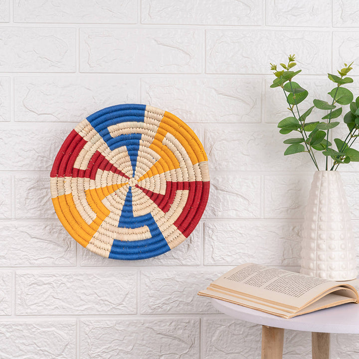 Handcrafted Sabai Grass Blue, Red & Yellow Zigzag Lines Wall Plate