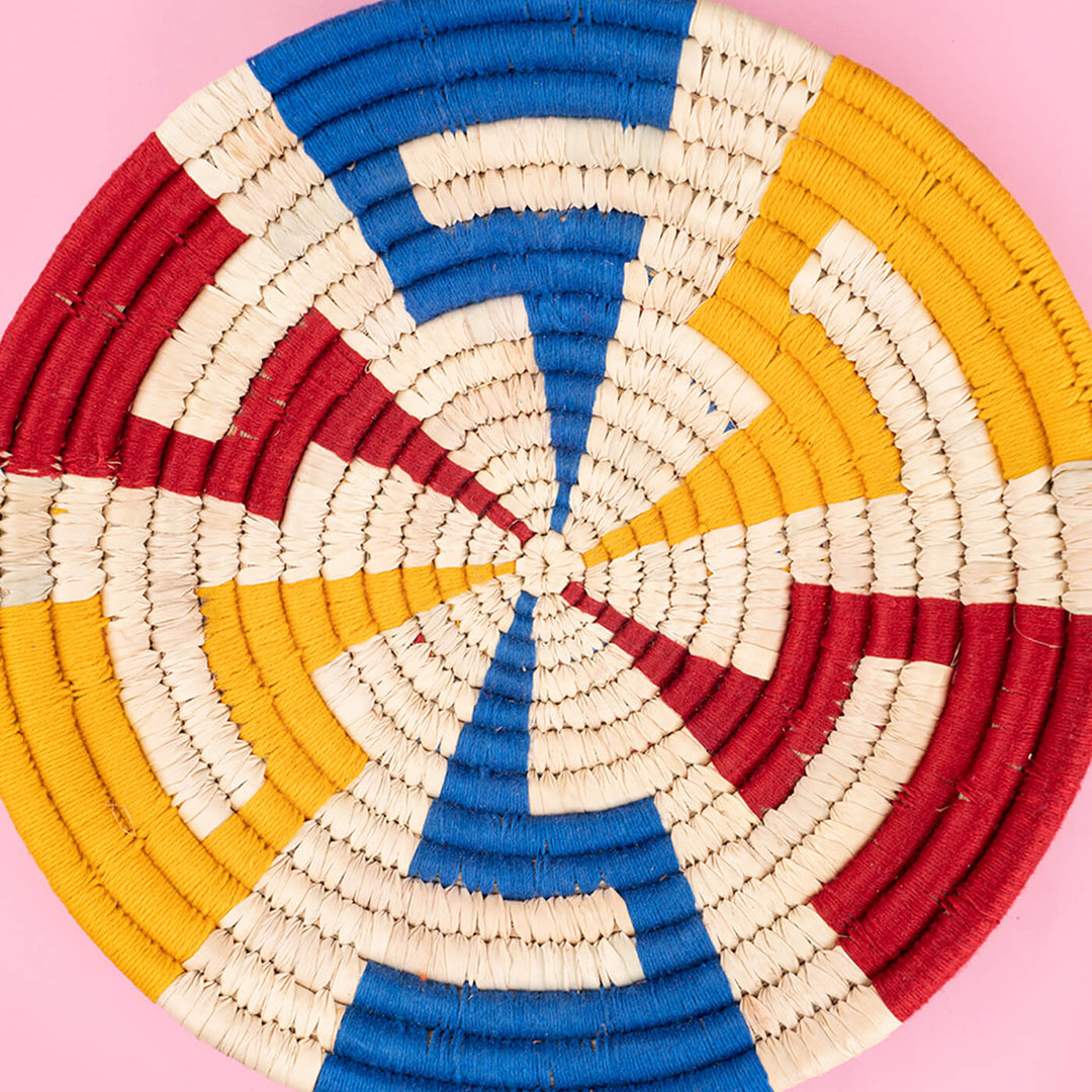 Handcrafted Sabai Grass Blue, Red & Yellow Zigzag Lines Wall Plate