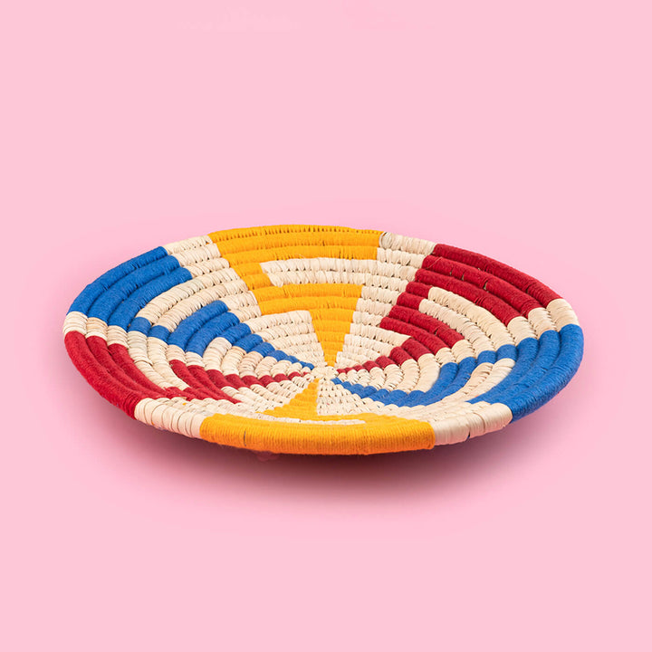 Handcrafted Sabai Grass Blue, Red & Yellow Zigzag Lines Wall Plate