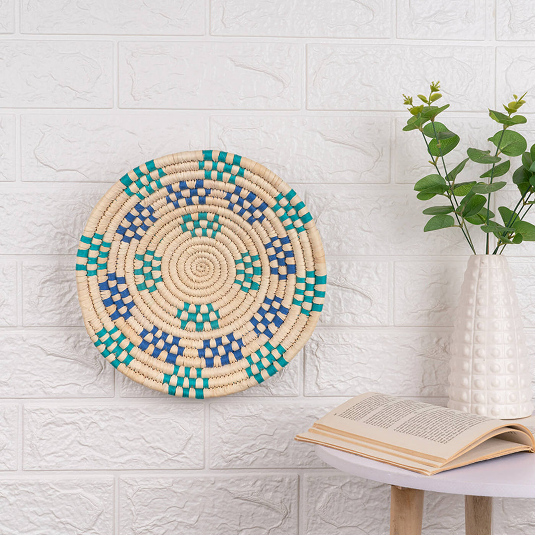 Handcrafted Sabai Grass Blue & Green Dotted Rings Wall Plate