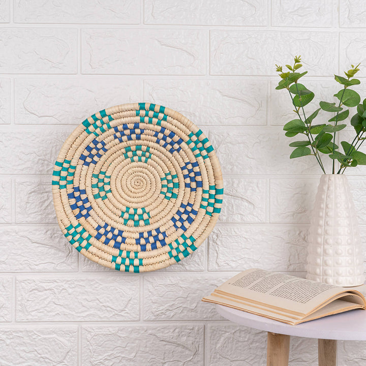 Handcrafted Sabai Grass Blue & Green Dotted Rings Wall Plate
