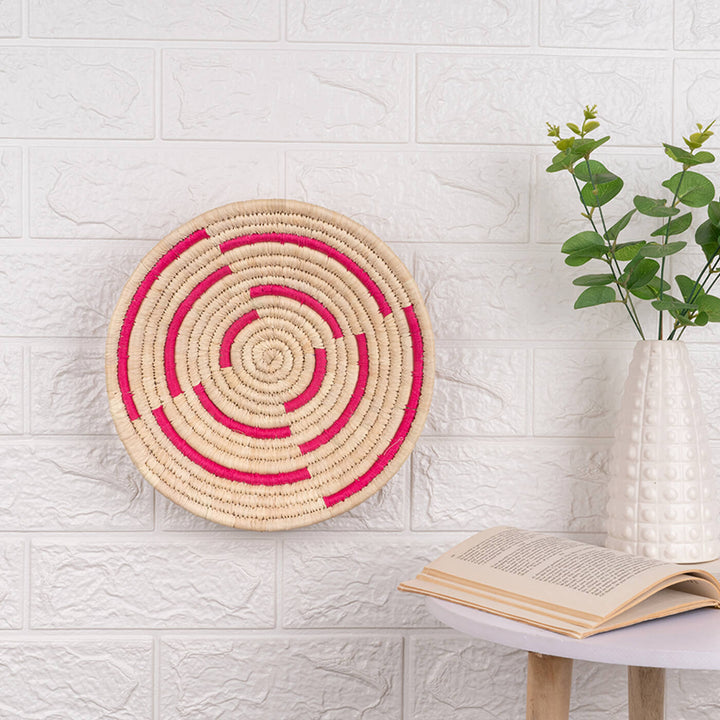Handcrafted Sabai Grass Hot Pink Arched Lines Wall Plate