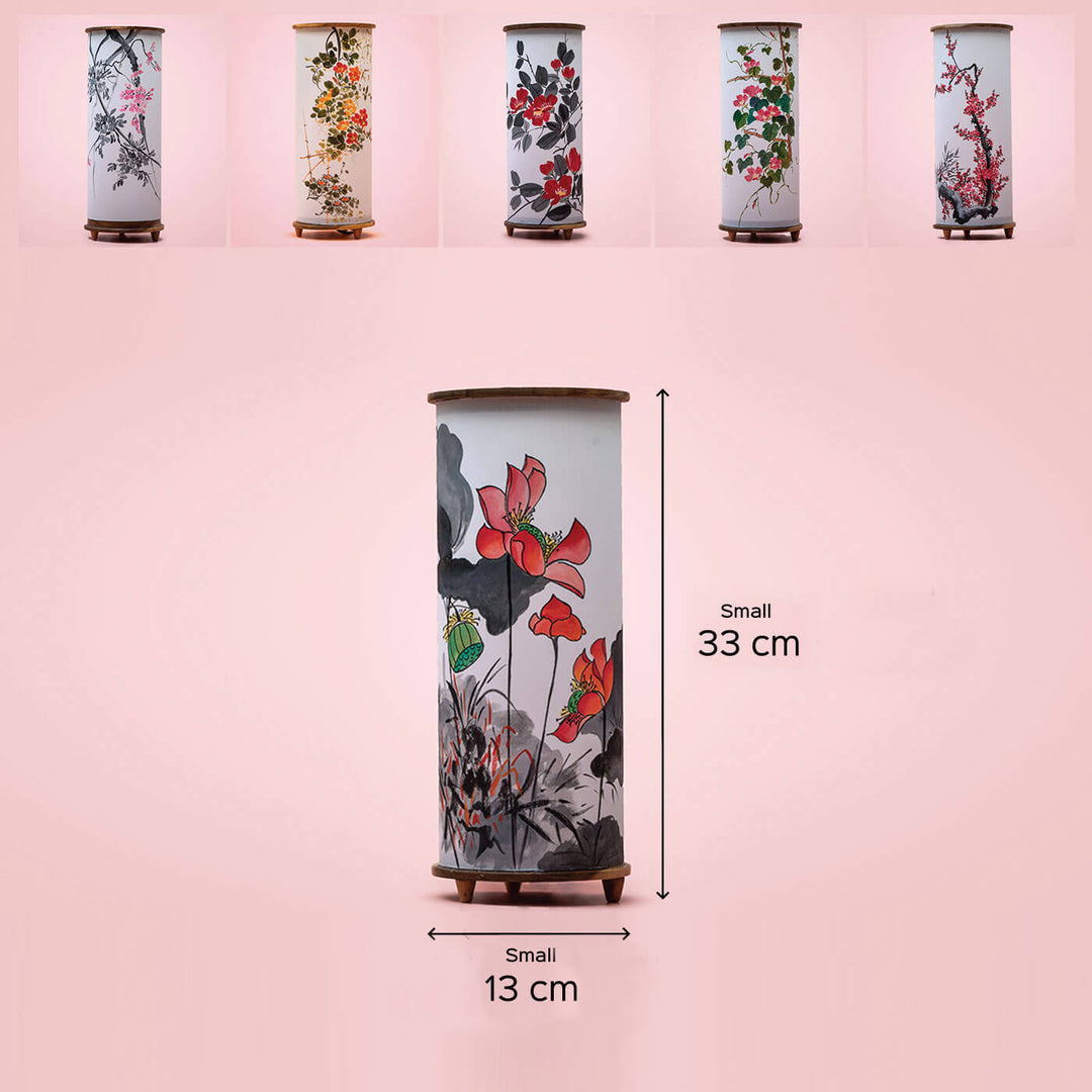 Cylindrical Hand-painted Big Red Flower & Grass Tabletop Lamp