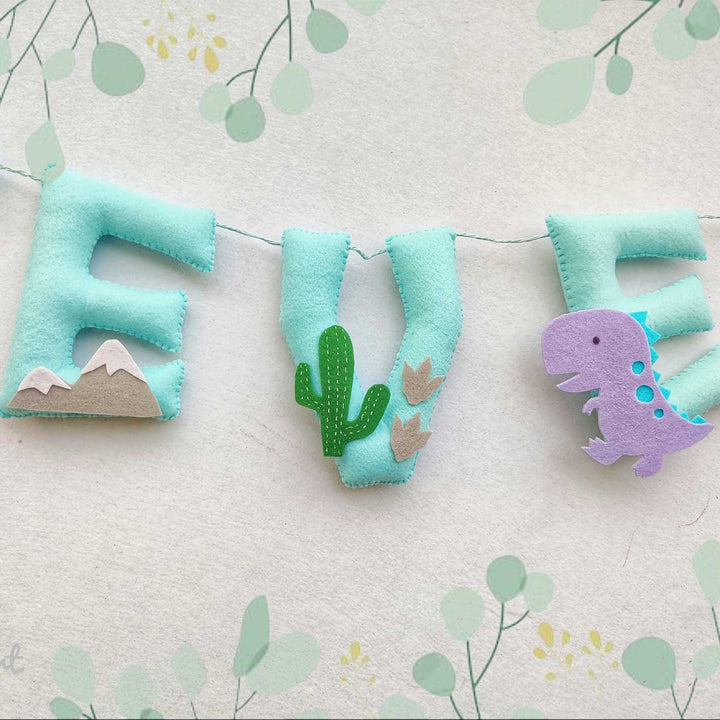 Handcrafted Personalized Dinosaur Theme Felt Bunting - Hanging Fabric Letters Front View