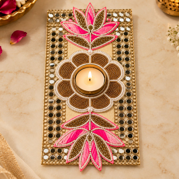 Hand Embellished Lotus Felt Table Mat With Tealight Holder For Festive Table Decor