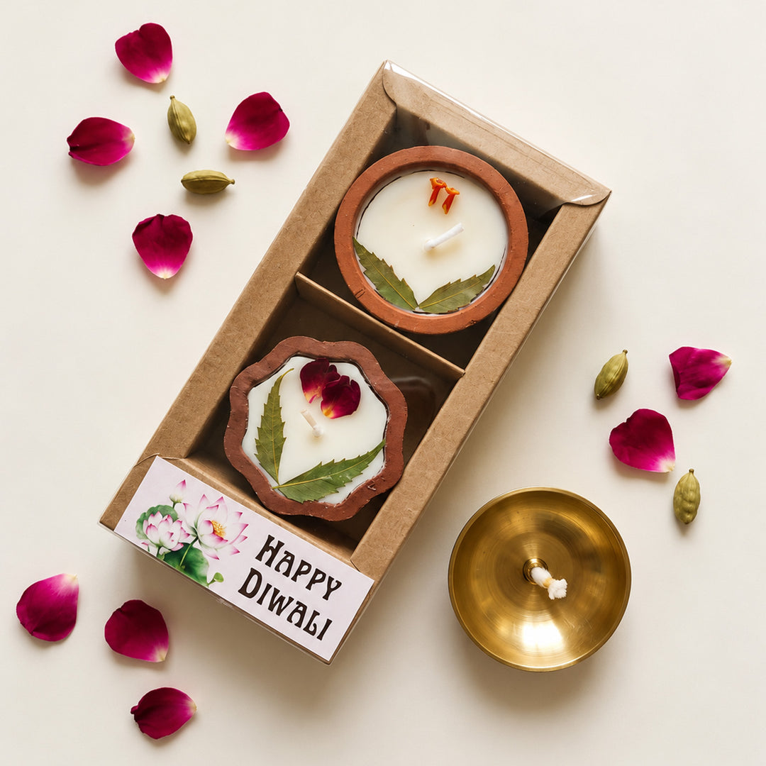 2 pc | Handmade Pressed Flower Terracotta Diya Soy Wax Scented Candle For Festive Decor