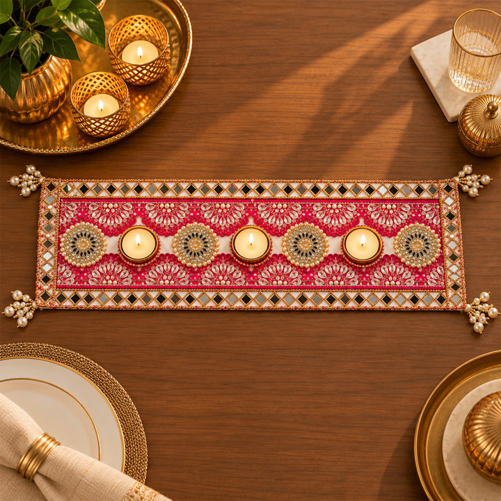 Hand Embellished Royal Rani Glow Mirror Work Felt Table Mat With 3 Tealight Holders For Diwali Decor