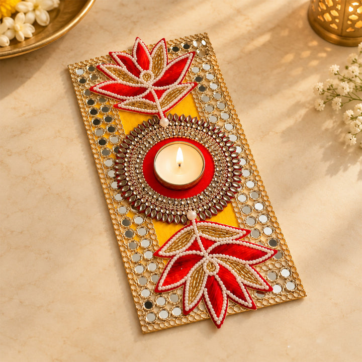 Hand Embellished Lotus Felt Table Mat With Tealight Holder For Festive Table Decor