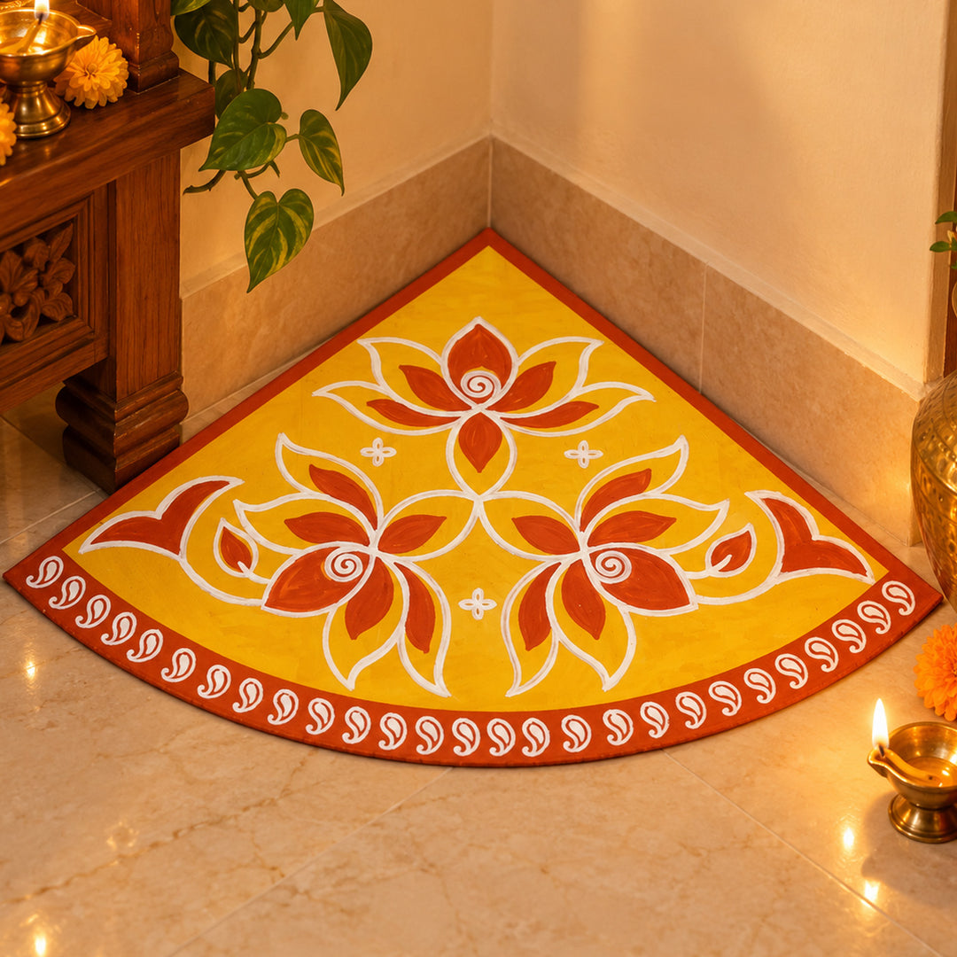 2 pc | 10 Inch | Reusable Handmade Mangalam Corner Fabric Rangoli Mat for Festive Entrance Decor