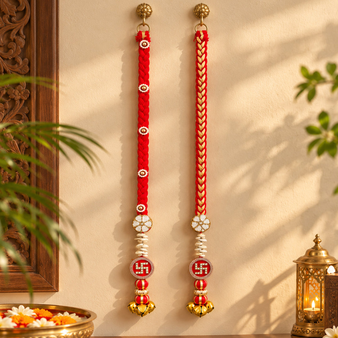 Handmade Reversible Mouli Braided Swastik Hanging With Ghungroo Bells for Diwali