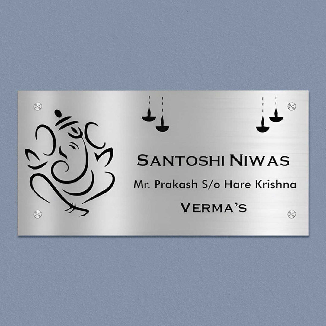 Personalized Ganesha & Diya Theme Stainless Steel Name Plate