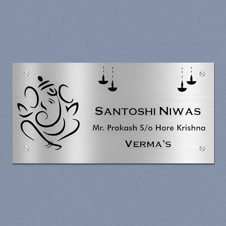Personalized Ganesha & Diya Theme Stainless Steel Name Plate