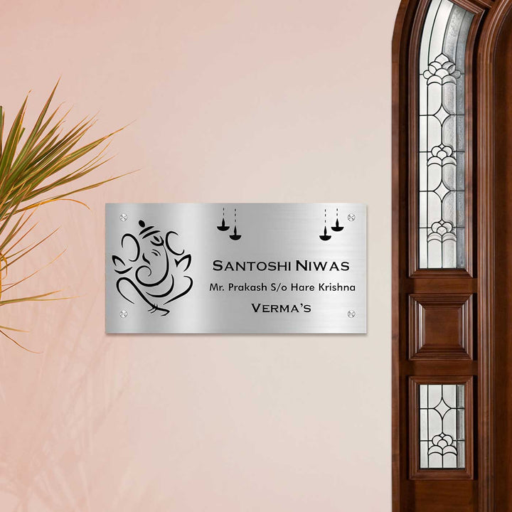 Personalized Ganesha & Diya Theme Stainless Steel Name Plate
