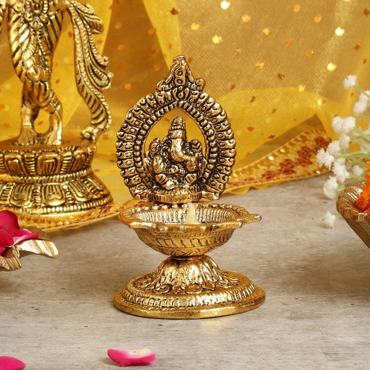 Handmade Aestri Lord Ganesh Metal Oil Lamp / Diya