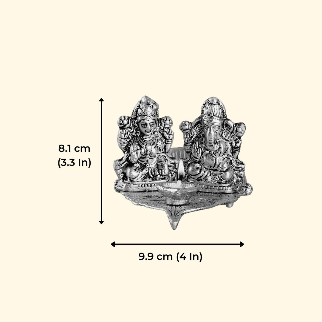 Handmade Lakshmi & Ganesh On Leaf Metal Oil Lamp / Diya