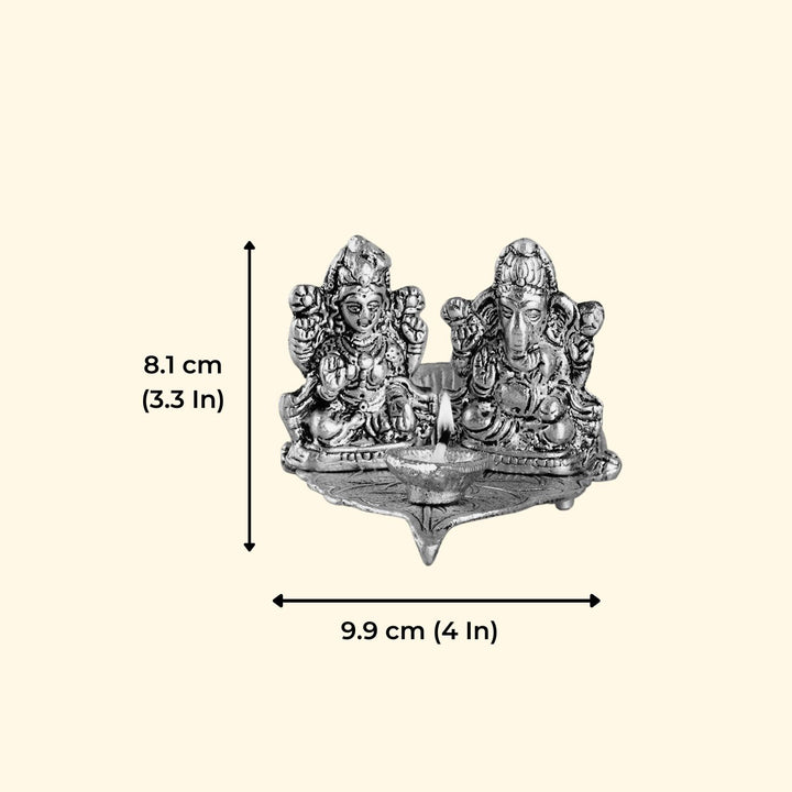 Handmade Lakshmi & Ganesh On Leaf Metal Oil Lamp / Diya