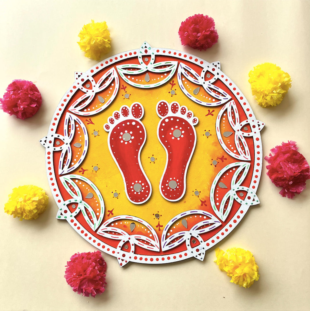 Hand-Painted Shubh Charan Floral Round Rangoli For Festive Decor