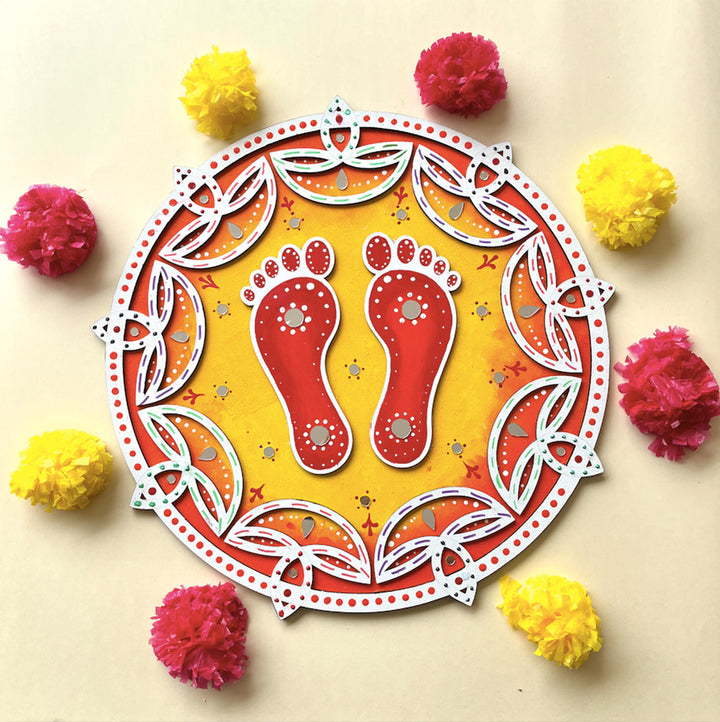 Hand-Painted Shubh Charan Floral Round Rangoli For Festive Decor