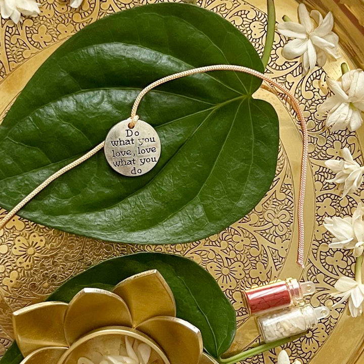 Engraved "Do What You Love What You Do" Quote Metal Charm Rakhi With Roli Chawal for Brother