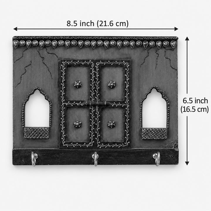 Antique Jharokha Large Handmade Paper Mache Clay Key Holder With 3 Hooks