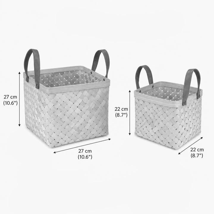 Set of 2 | "Eira" Handwoven Bamboo Basket With Rexine Handles For Home Storage & Gifting