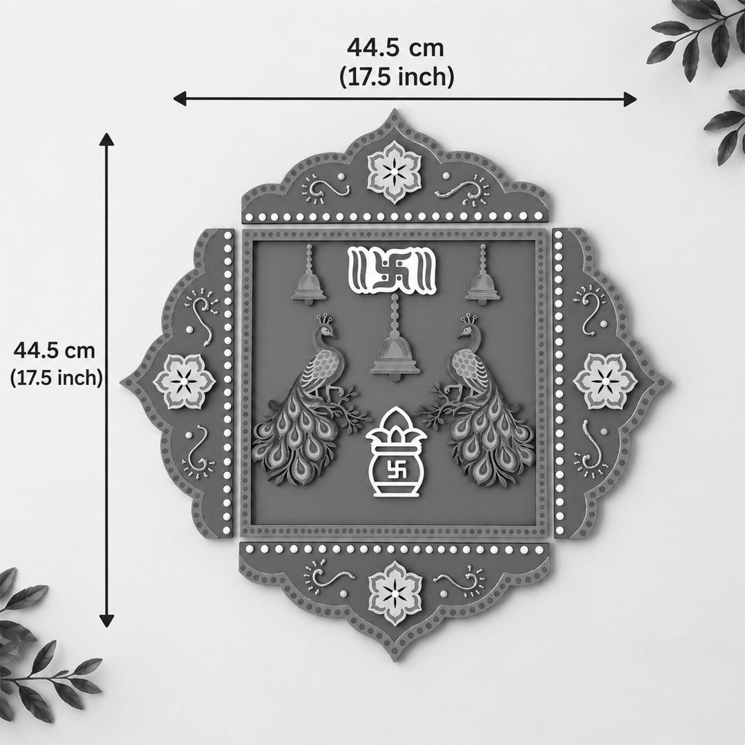 1 Pc Square & 4 Pc Border | Hand-Painted Peacock Pooja Chowki Rangoli For Festive Decor