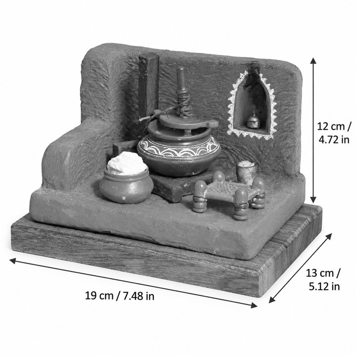 "Bilone Ka Makkhan" Handcrafted Polymer Clay Miniature Artwork With Wooden Base For Golu & Table Decor