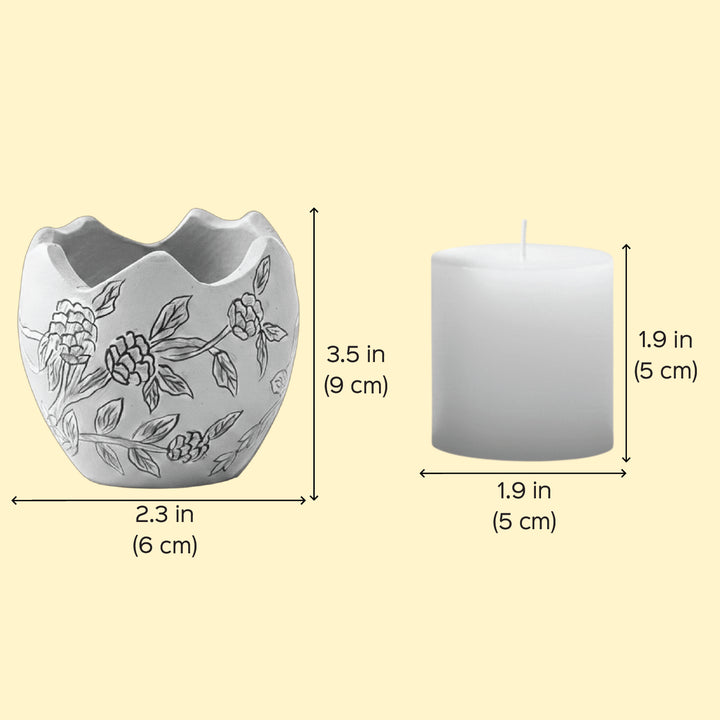 Hand-Painted Yellow & White Floral Terracotta Candle Holder With Candle