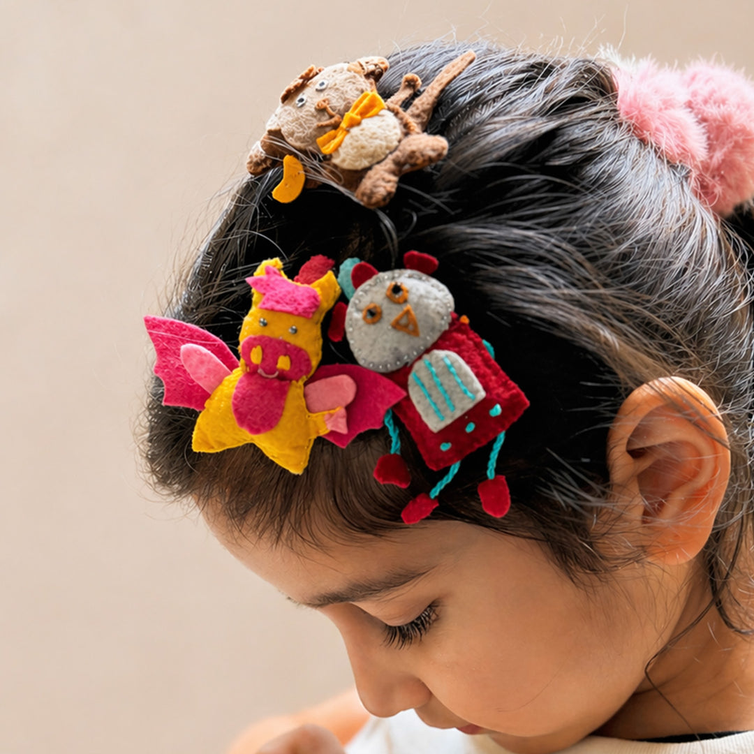 Handmade Dragon, Robot & Monkey Hair Clips | Set of 3